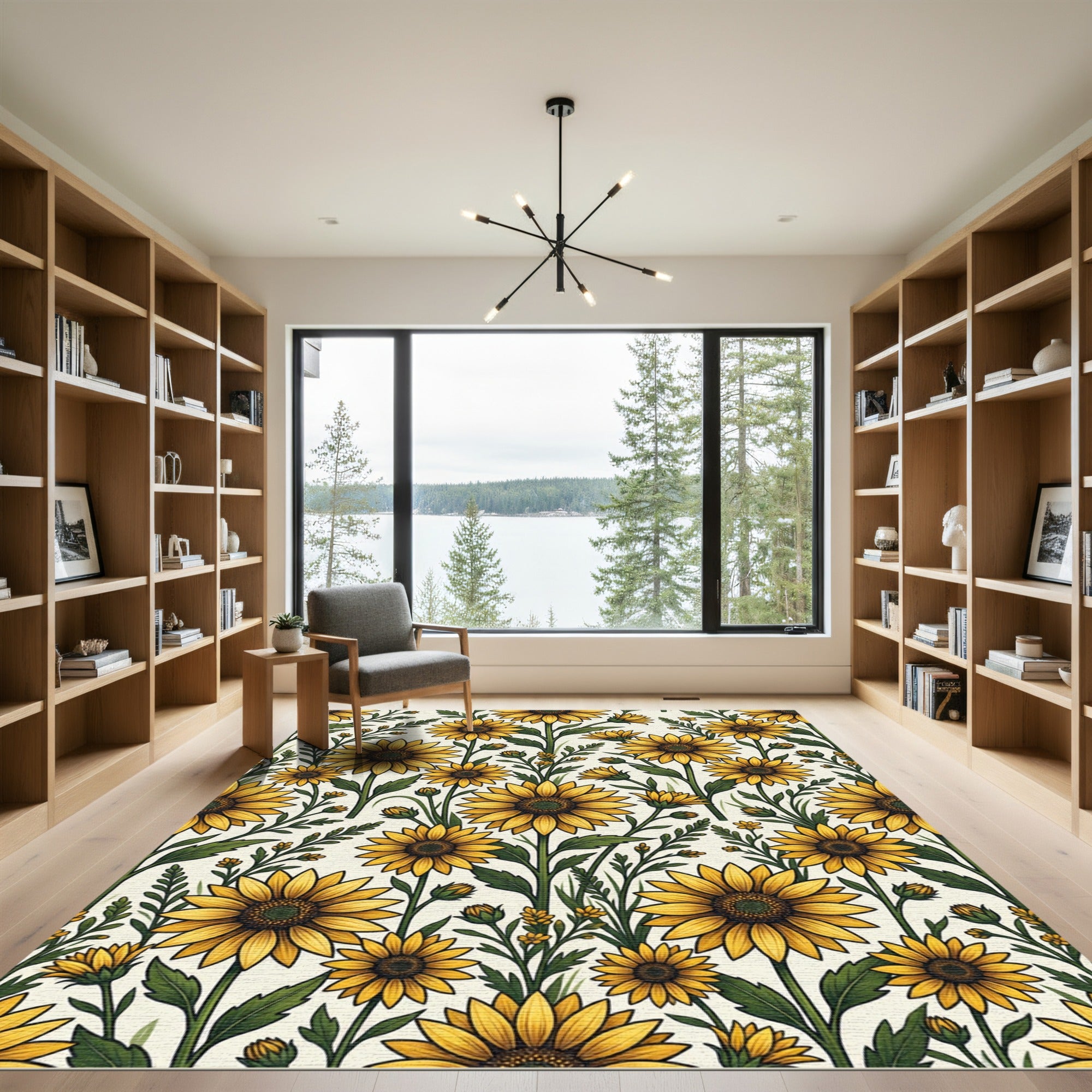 Radiant Yellow Sunflower Botanical Illustration Rug