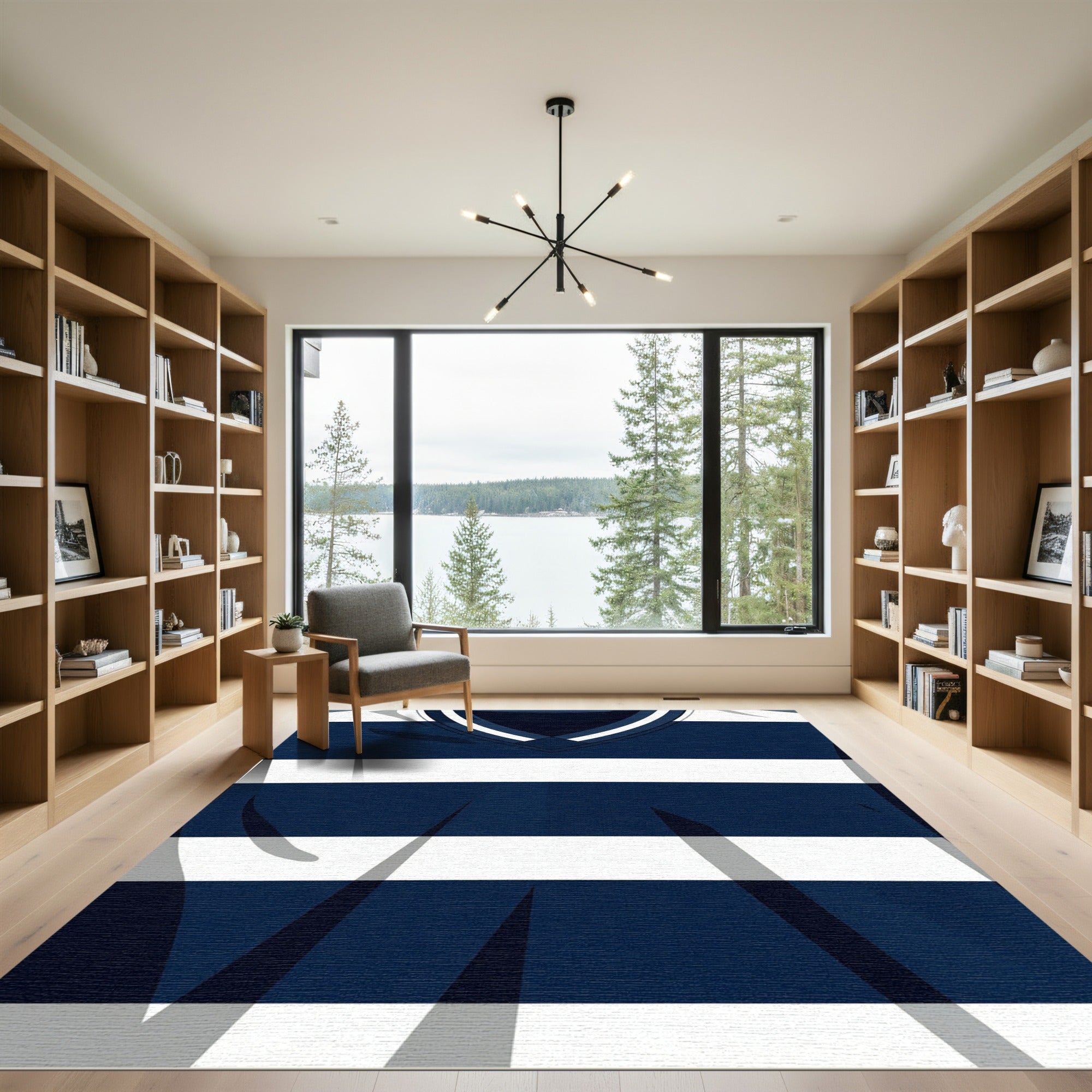 Navy and White Striped V-Neck Rug