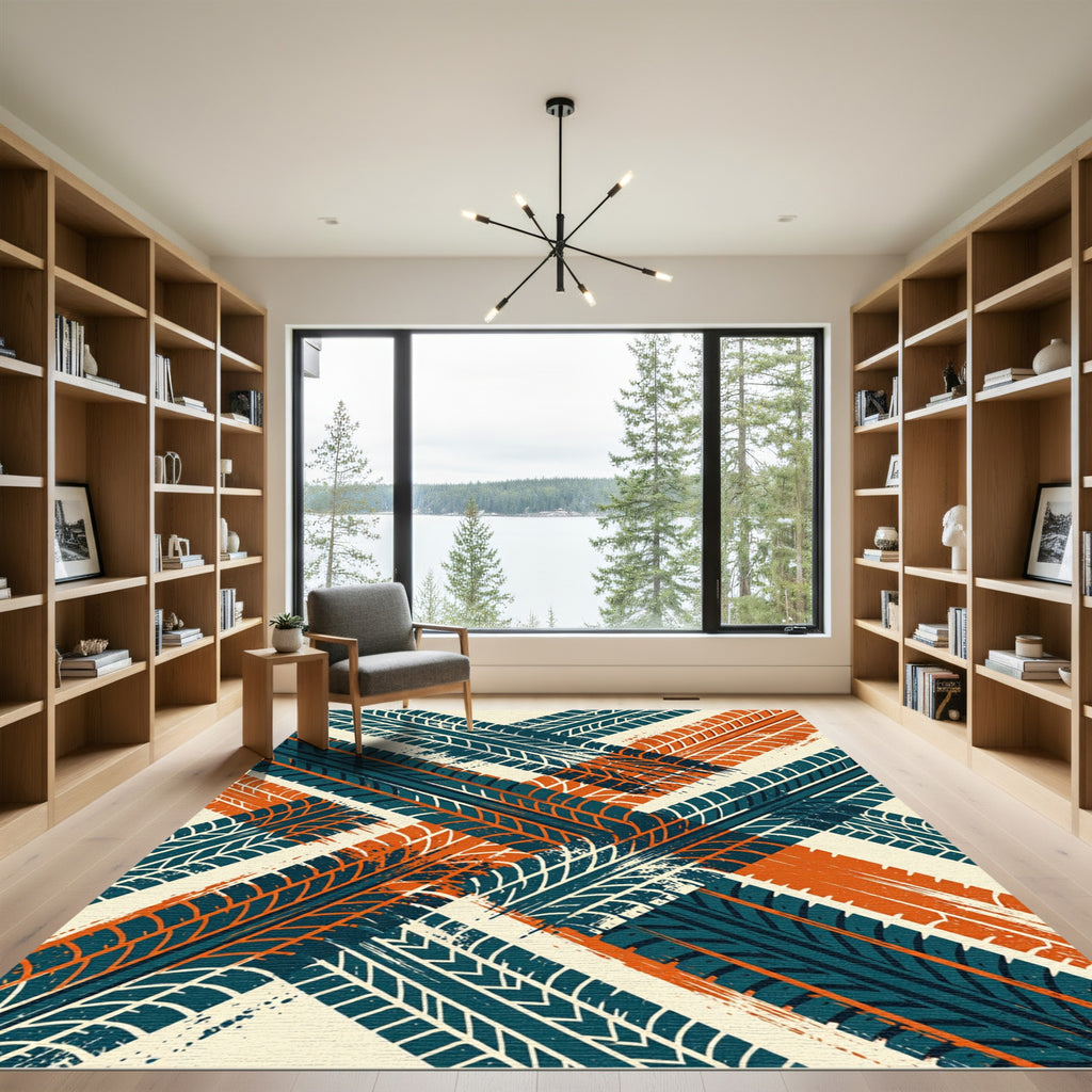 Teal and Burnt Orange Tire Tread Rug