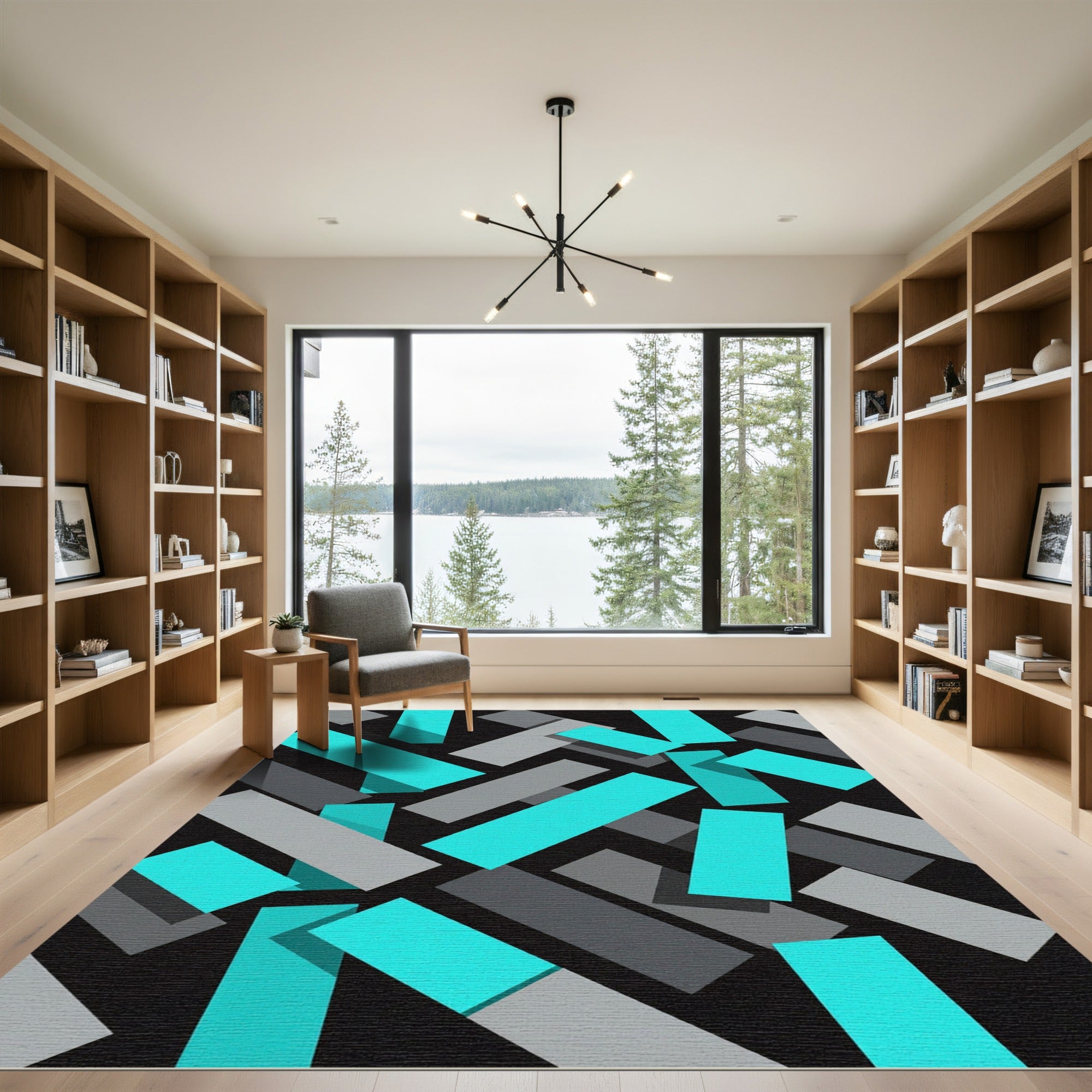 Modern Cyan Turquoise Gray Geometric Block Rug
