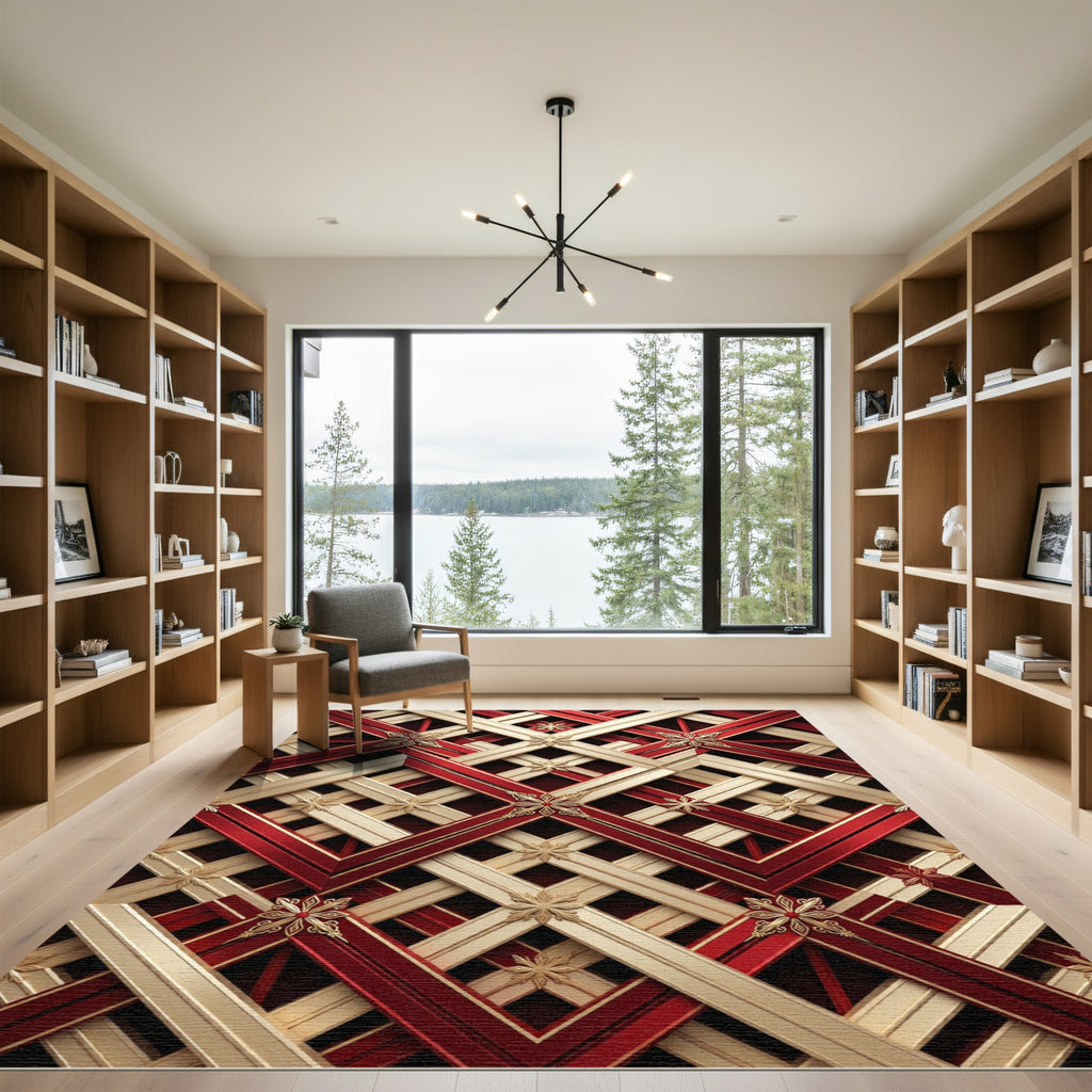 Red Gold Geometric Lattice Floral Rug