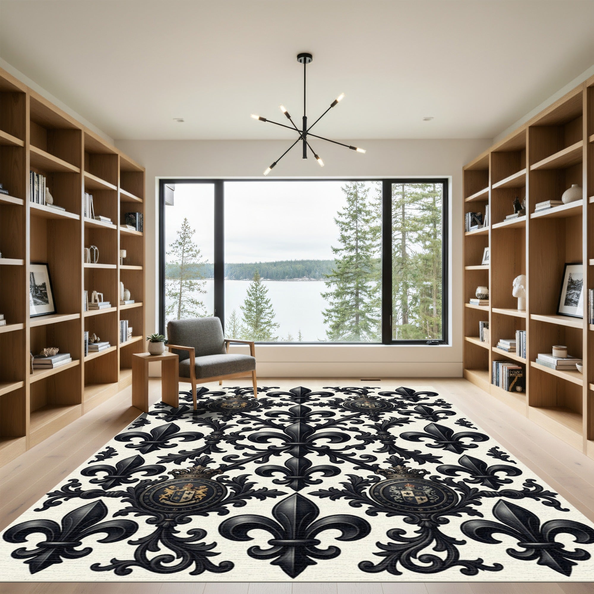 Black Fleur-de-lis Crest Ornament Rug