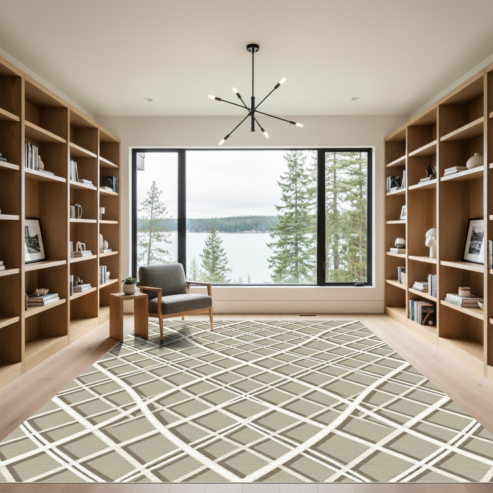 Contemporary Beige Intersecting Curved Grid Rug