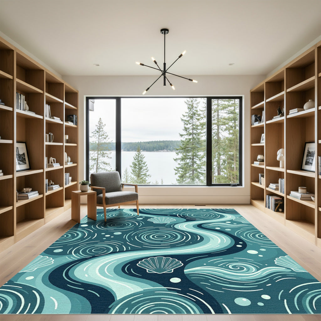 Serene Teal Ocean Shell Wave Art Rug