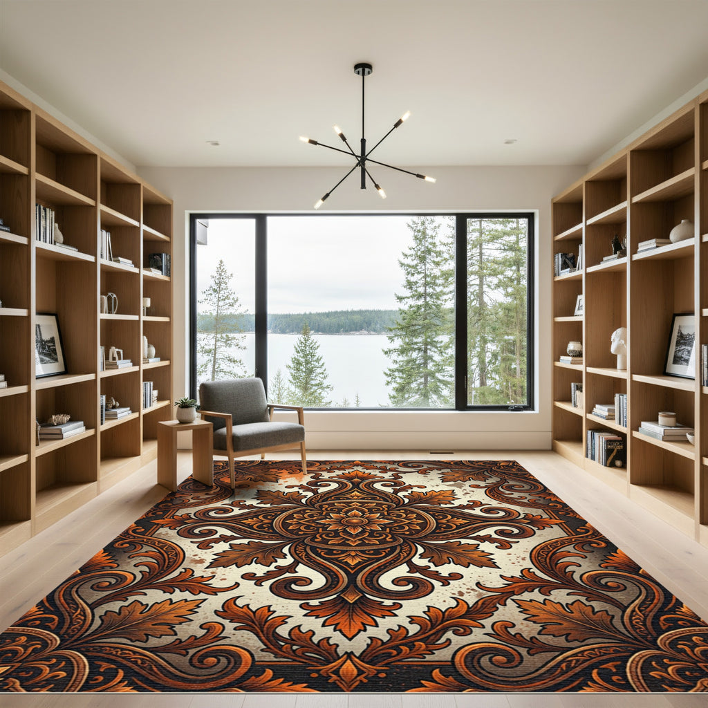 Ornate Copper Foliage Scroll Medallion Rug