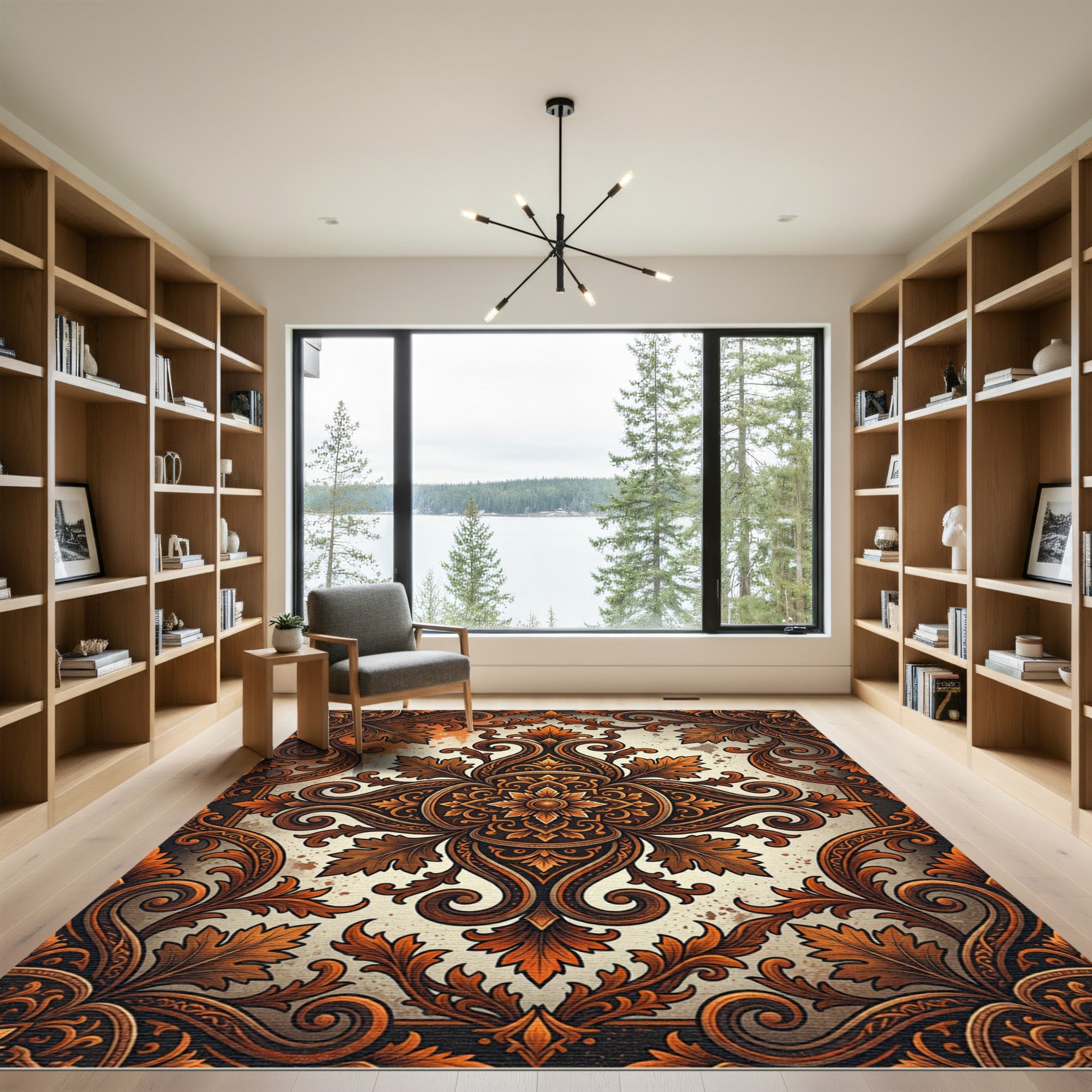 Ornate Copper Foliage Scroll Medallion Rug