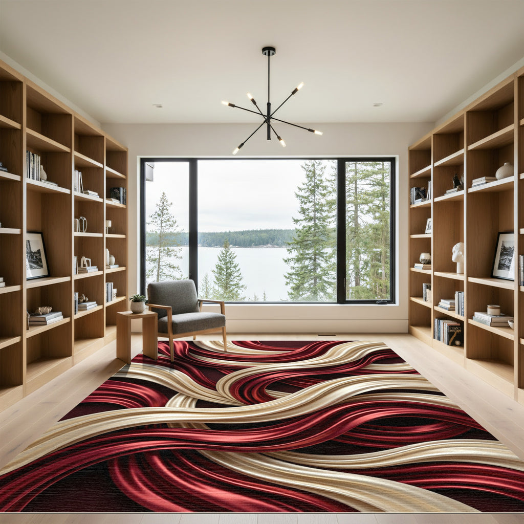 Crimson Gold Swirl Flow Rug