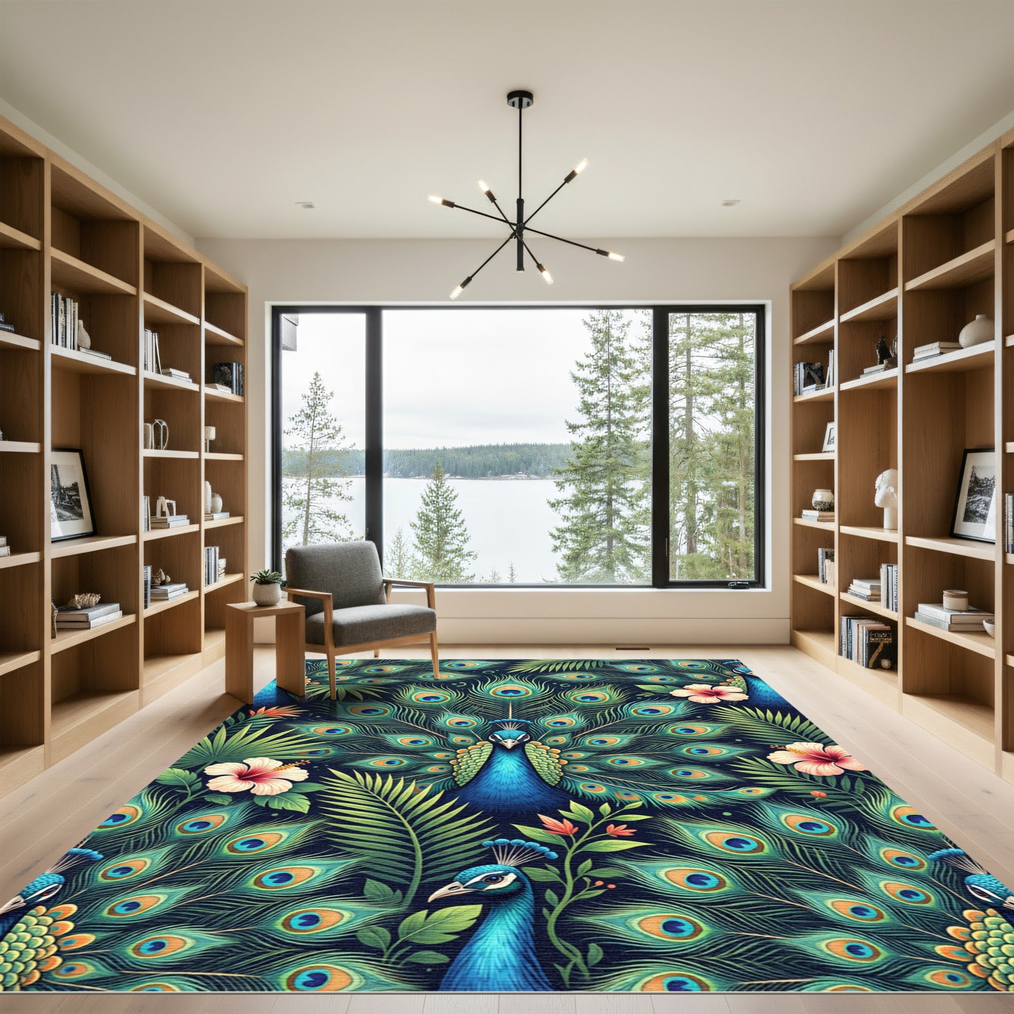 Vibrant Tropical Peacock Feather Floral Art Rug