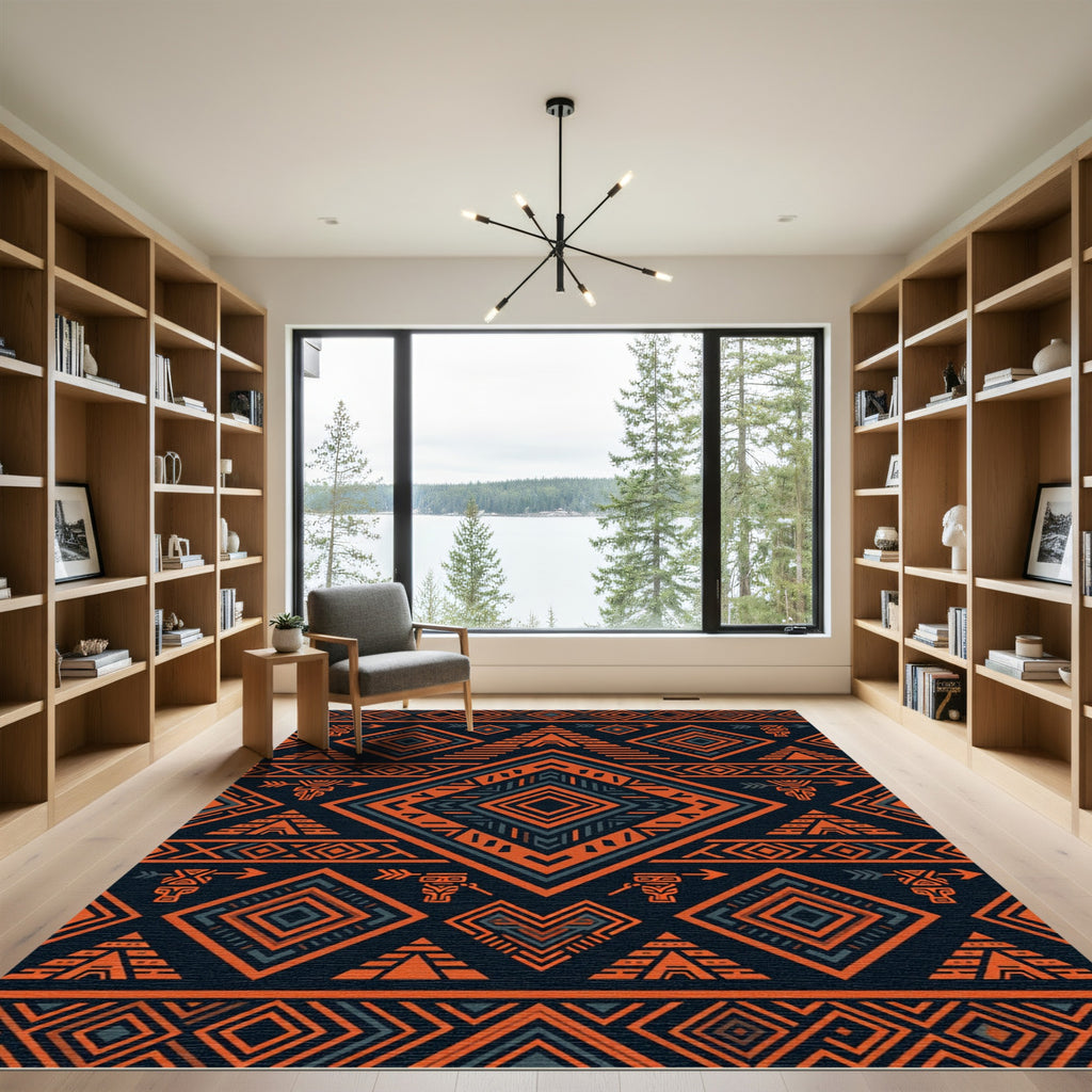 Geometric Ochre Charcoal Tribal Diamond Rug