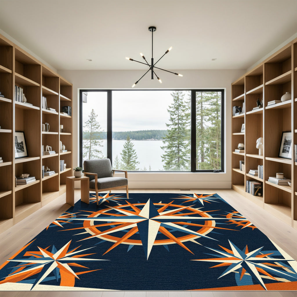 Geometric Navy and Orange Star Compass Rug
