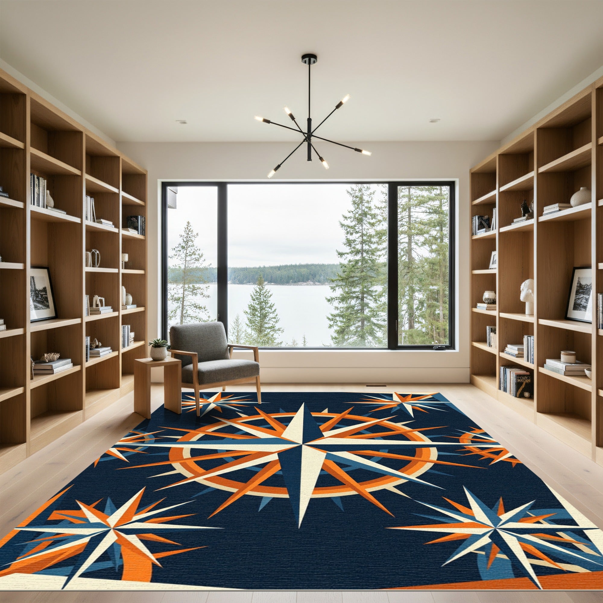 Geometric Navy and Orange Star Compass Rug