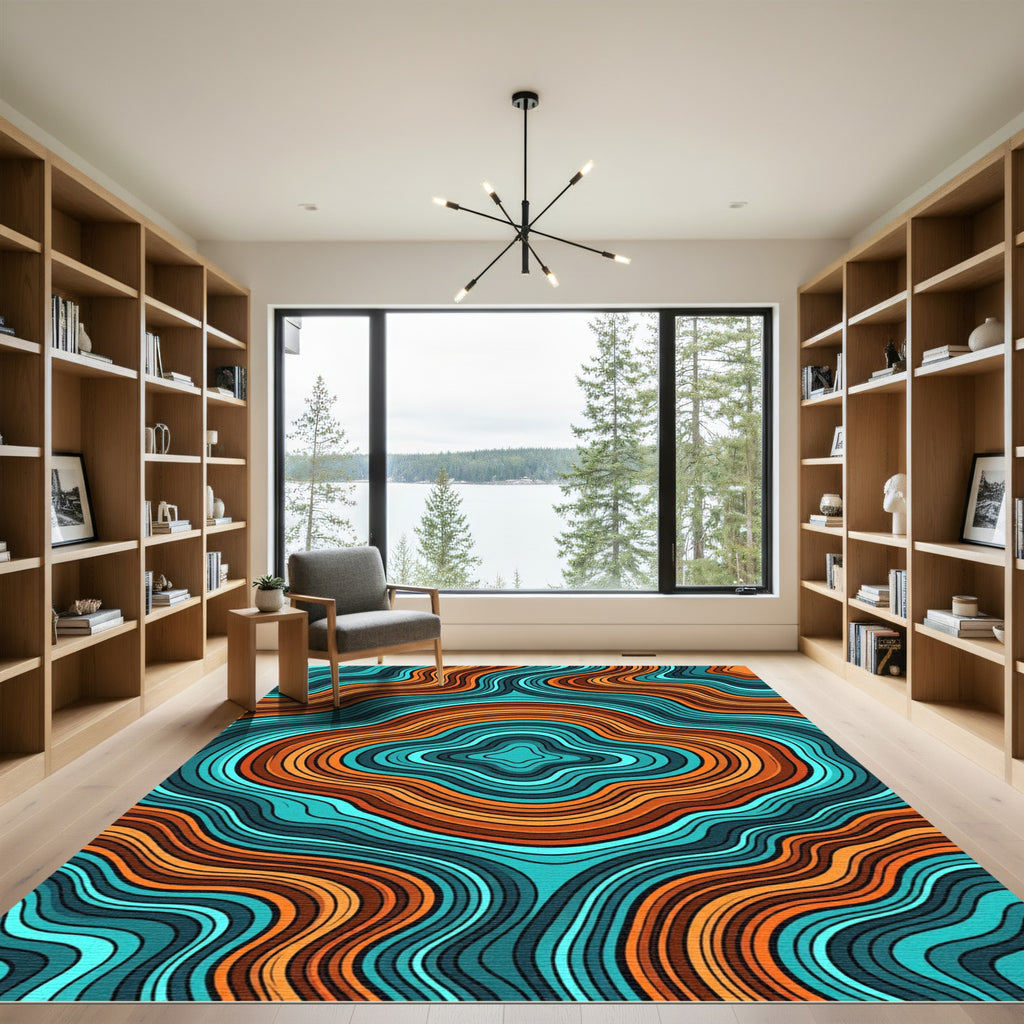 Vibrant Teal and Terracotta Abstract Wave Rug