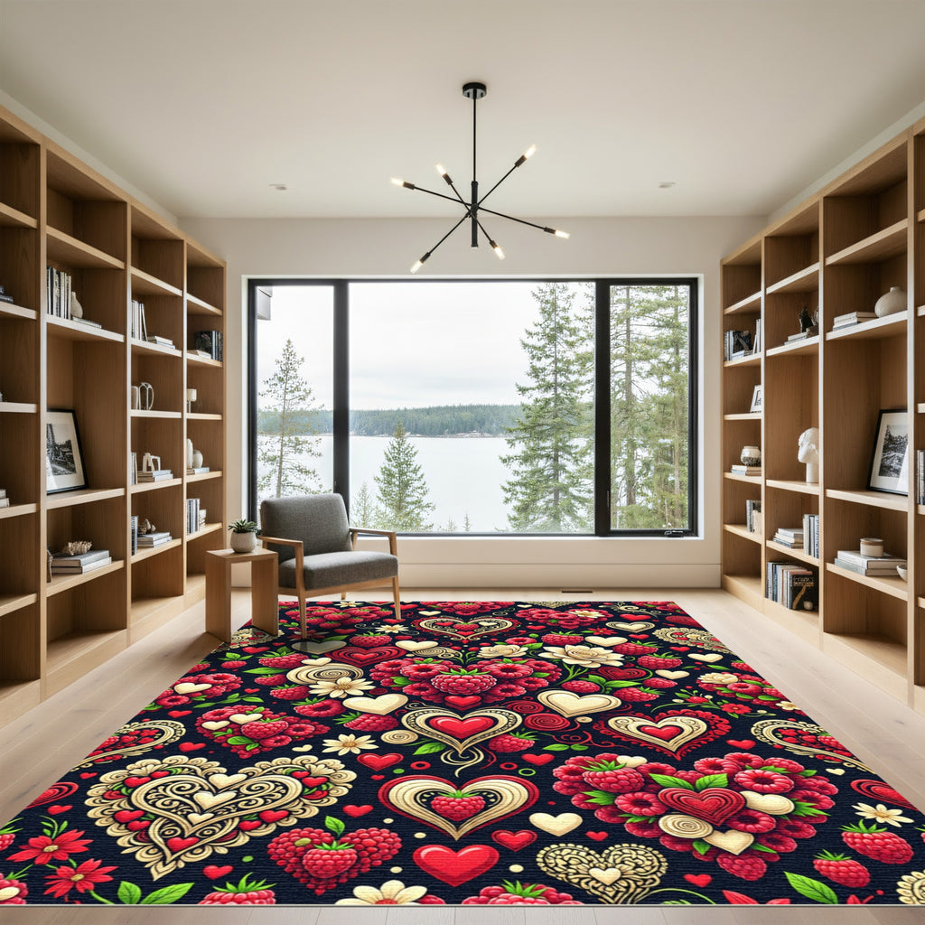 Vibrant Red Heart Raspberry Pattern Rug