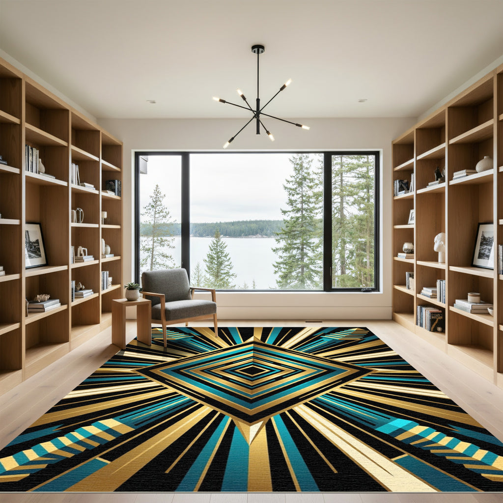 Art Deco Teal Golden Geometric Diamond Rug