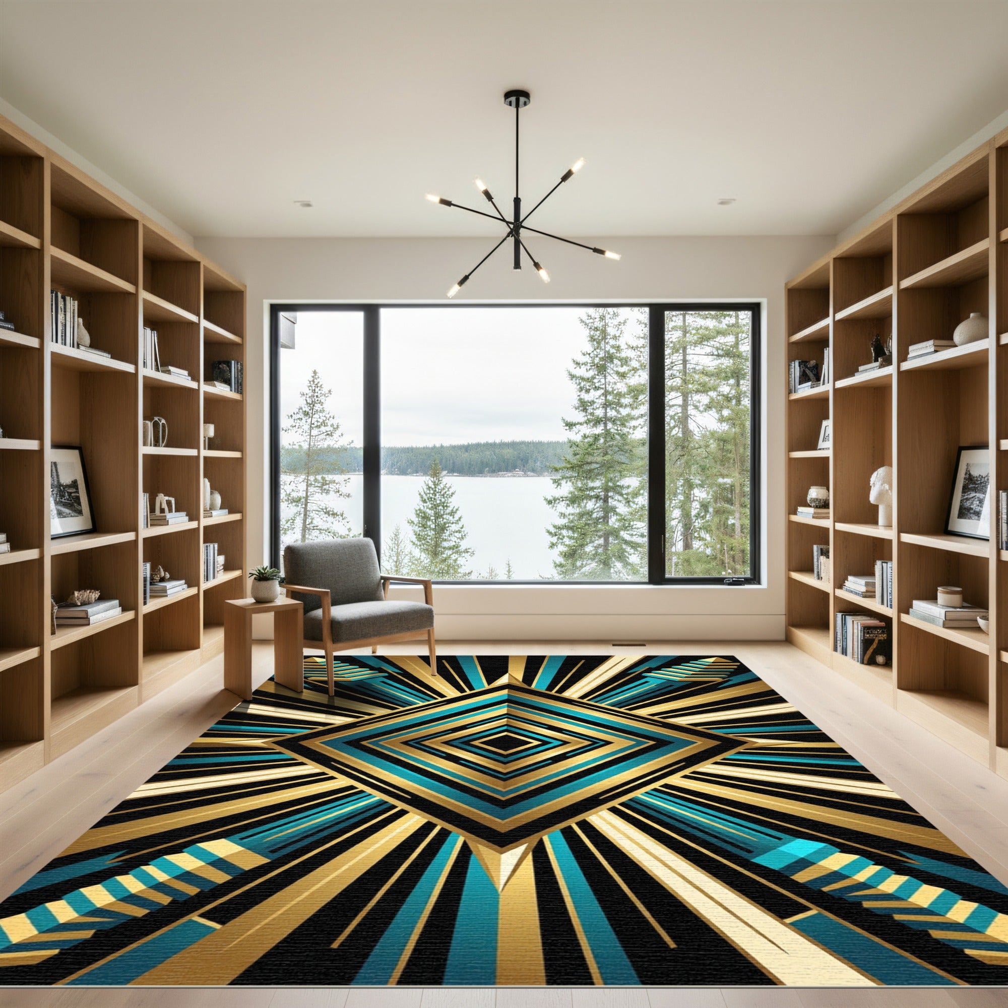 Art Deco Teal Golden Geometric Diamond Rug
