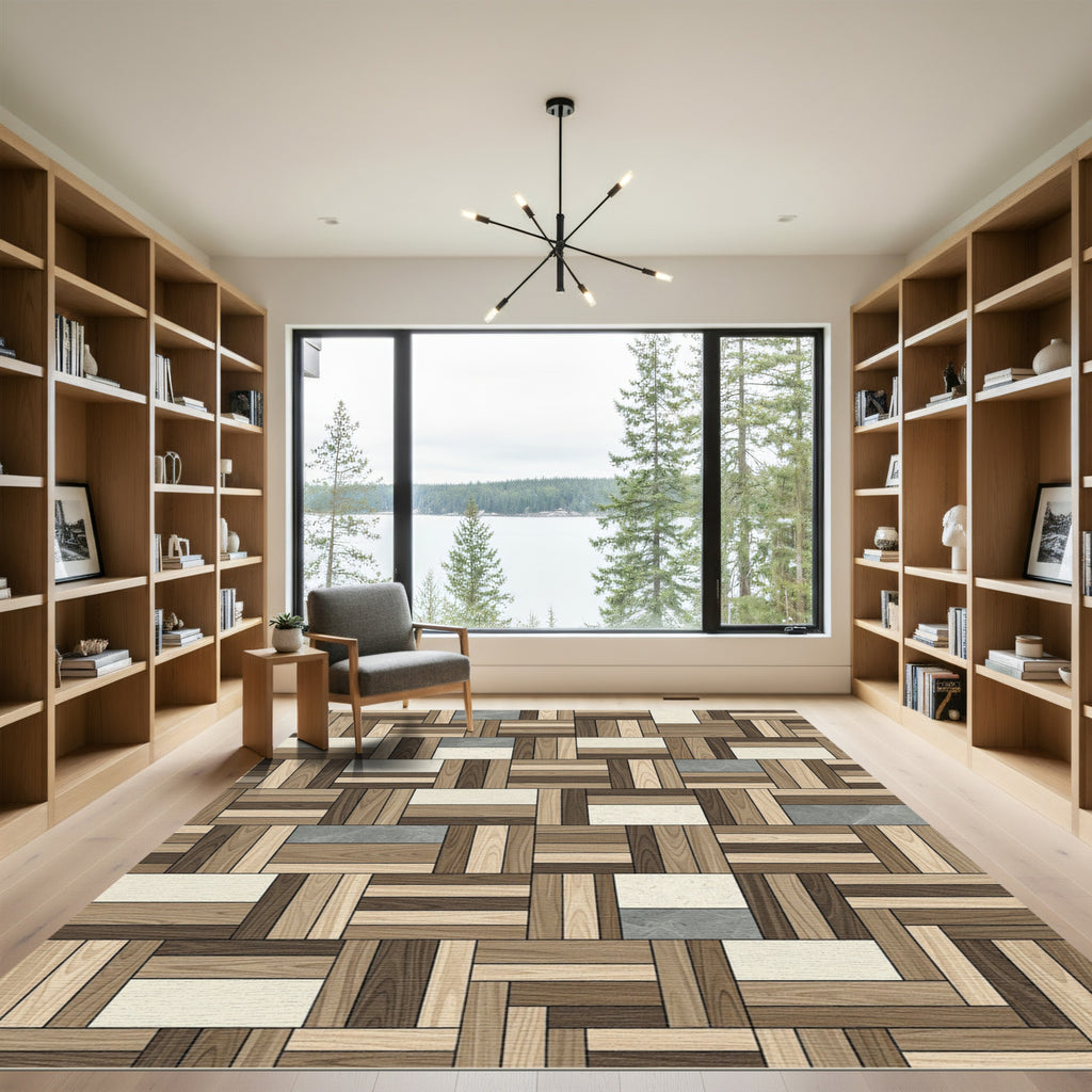 Modern Interlocking Wood Plank Mosaic Rug