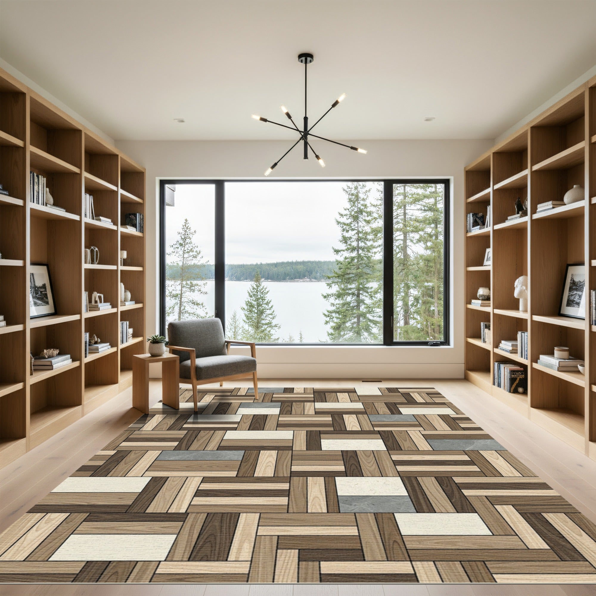 Modern Interlocking Wood Plank Mosaic Rug