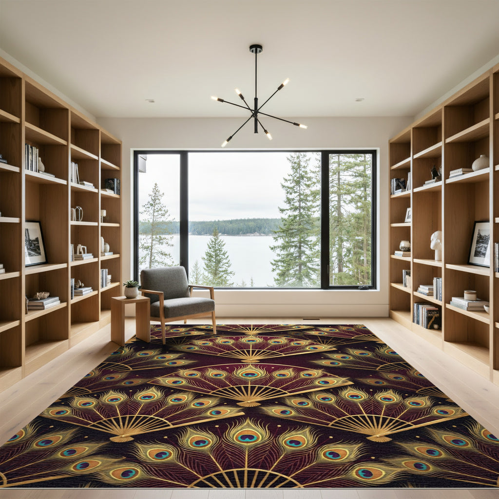 Elegant Gold Peacock Fan Dark Burgundy Rug