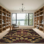 Elegant Gold Peacock Fan Dark Burgundy Rug