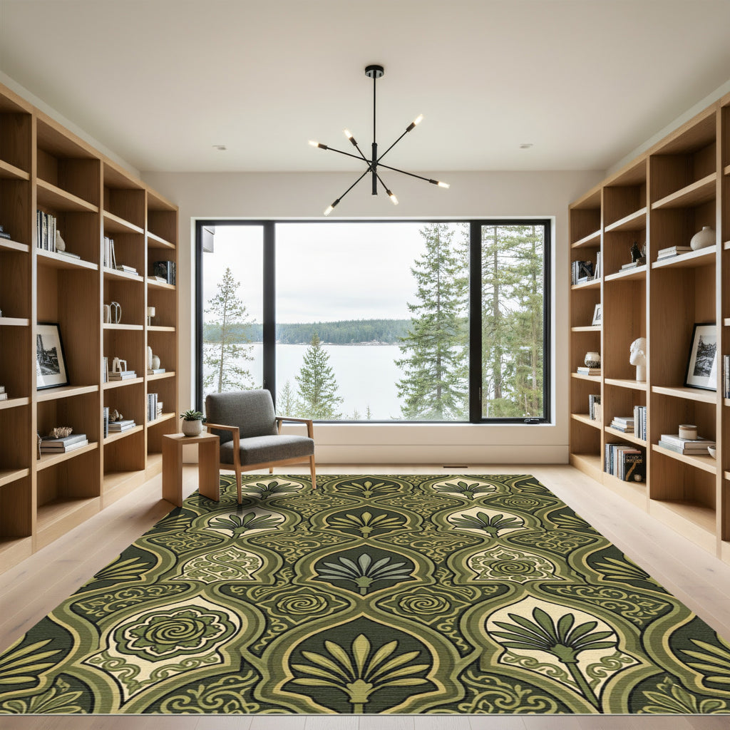 Olive Green Archway Floral Medallion Rug