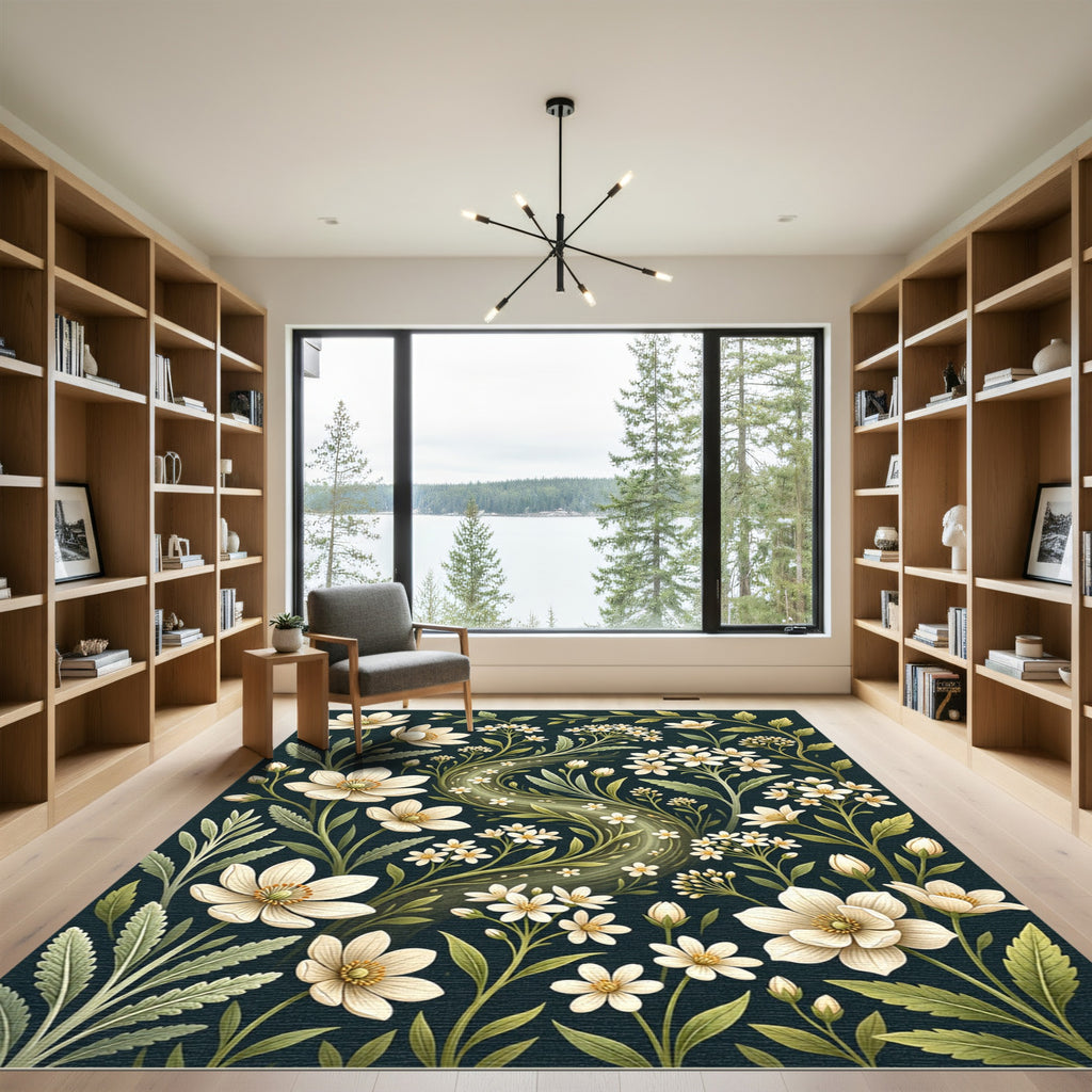 Elegant White Floral Serpentine Botanical Art Rug