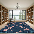 Sakura Cherry Blossom Japanese Wave Navy Rug