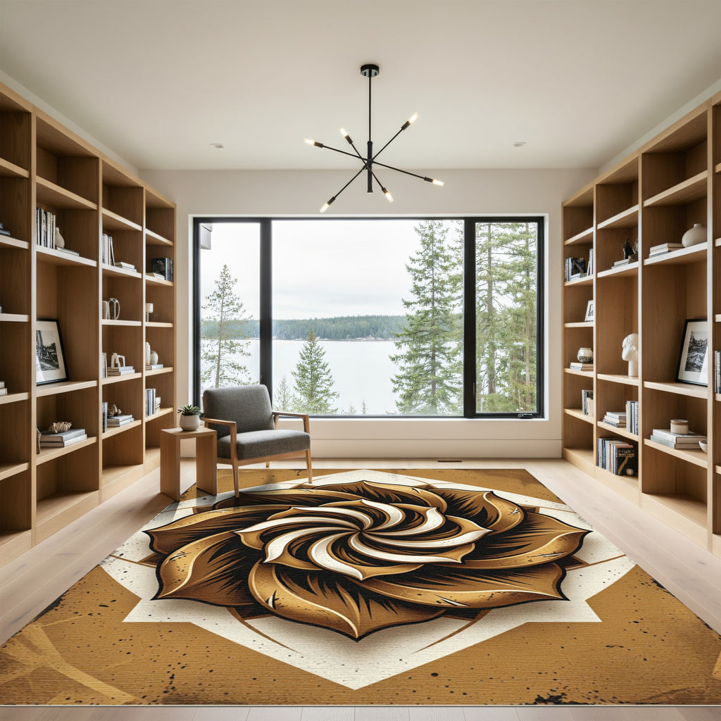 Earthy Bronze Spiral Swirl Floral Art Rug