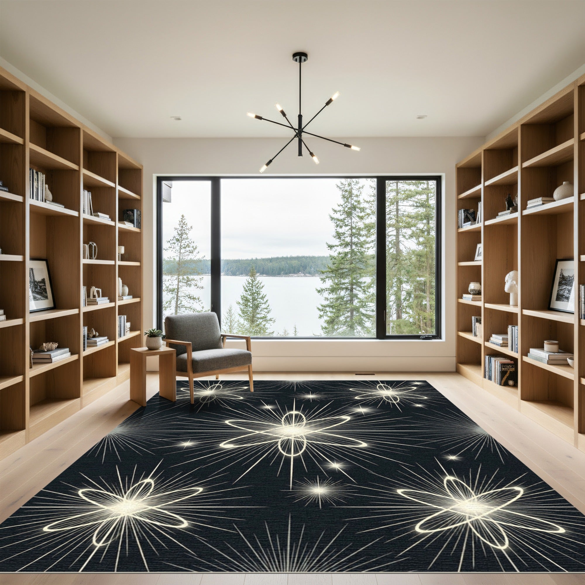 Shimmering Atomic Starburst Black Radiance Rug