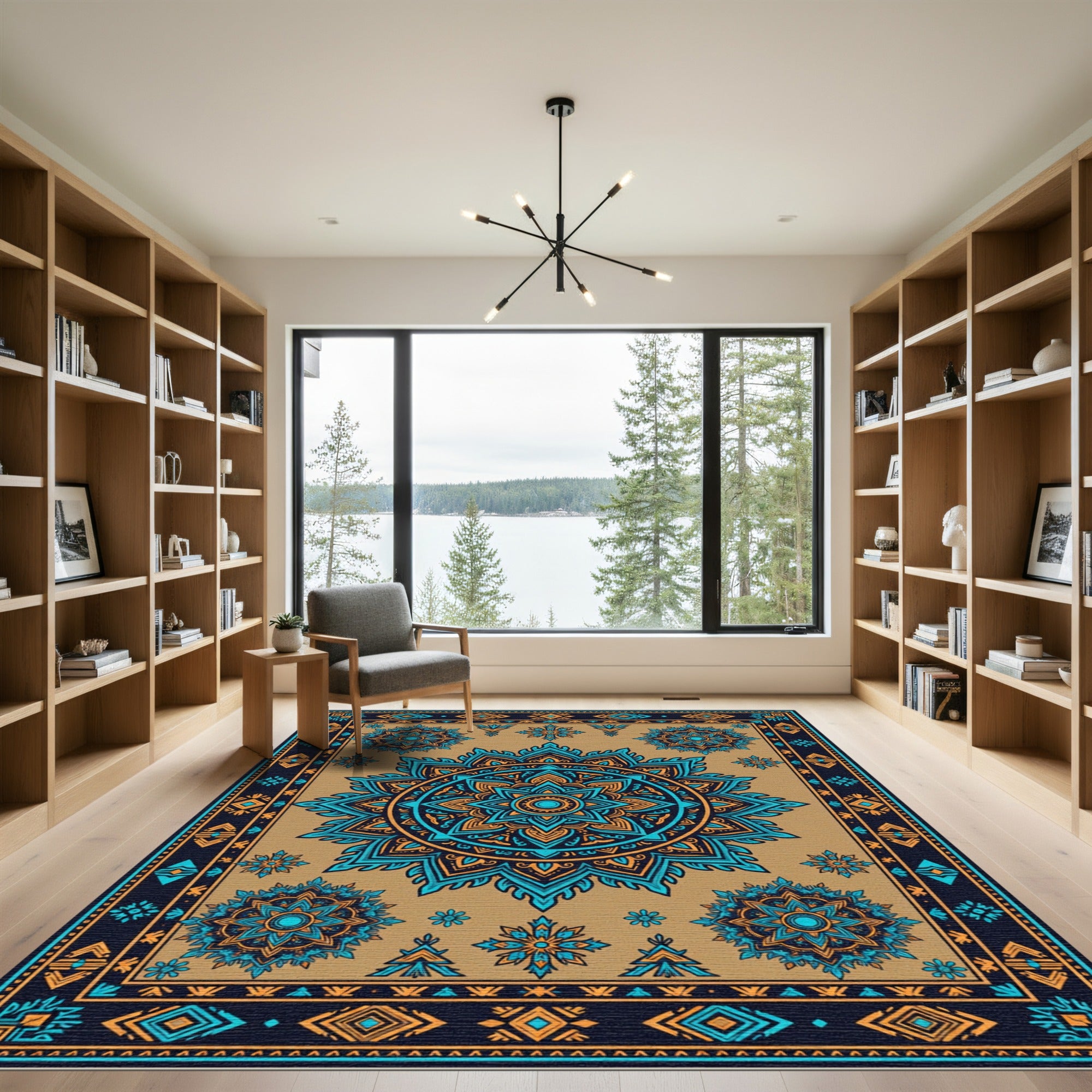 Ornate Blue and Gold Mandala Tapestry Rug