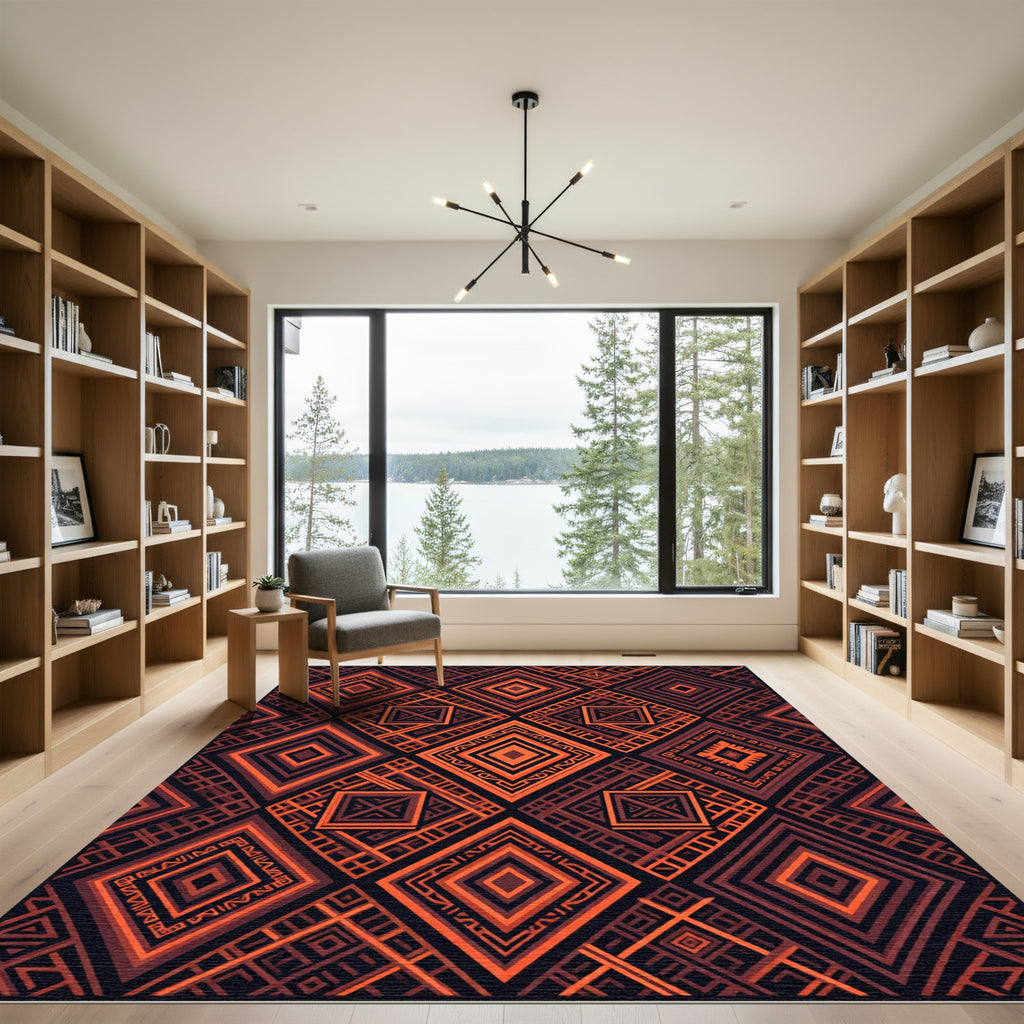 Bold Burnt Orange Geometric Diamond Area Rug