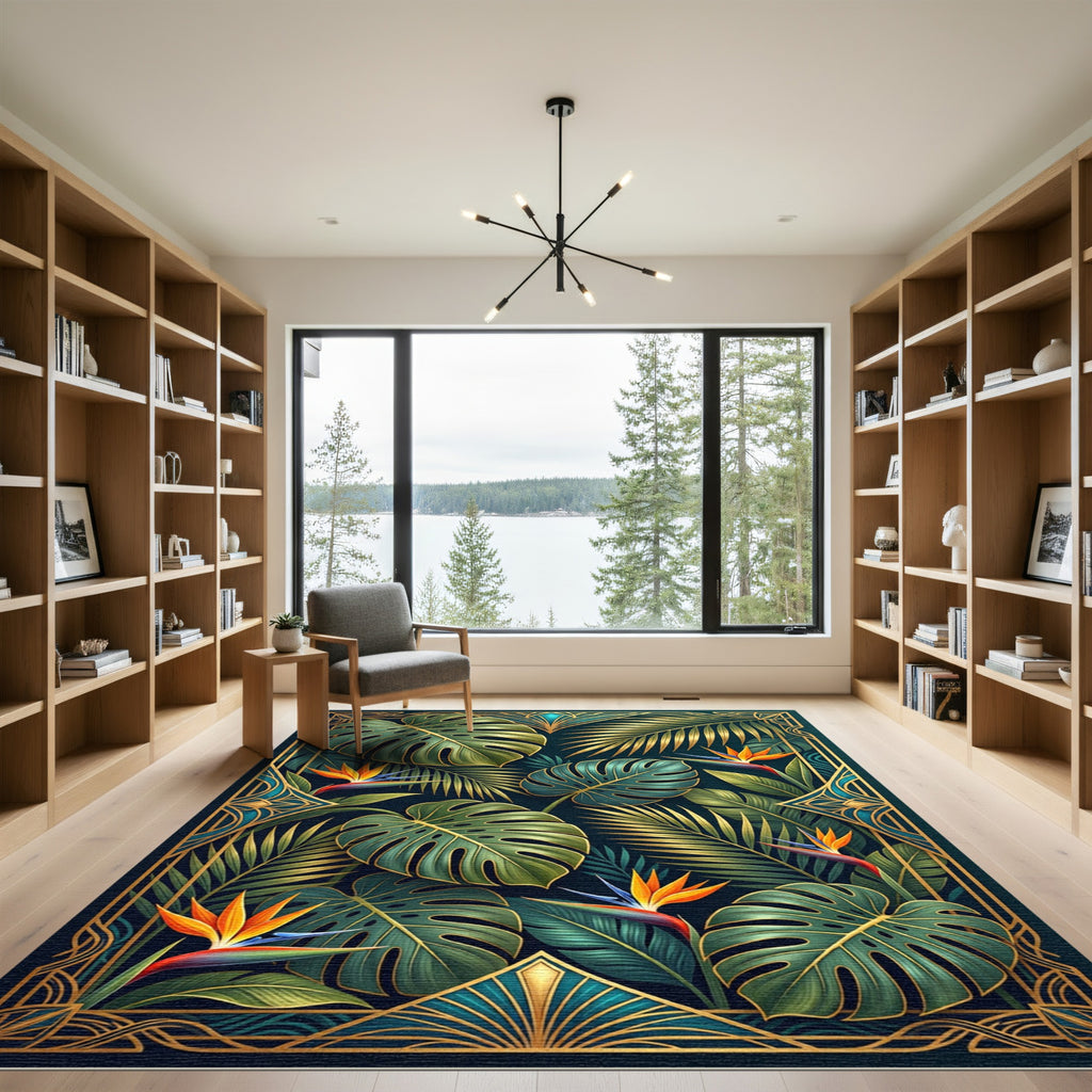 Lush Gold Tropical Monstera Bird-of-Paradise Rug