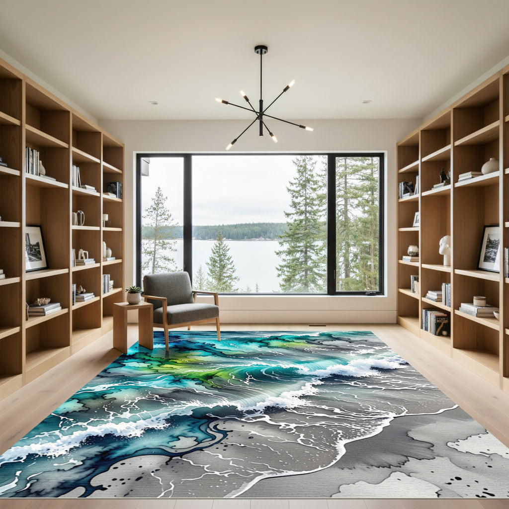 Vibrant Teal Ocean Wave Abstract Rug