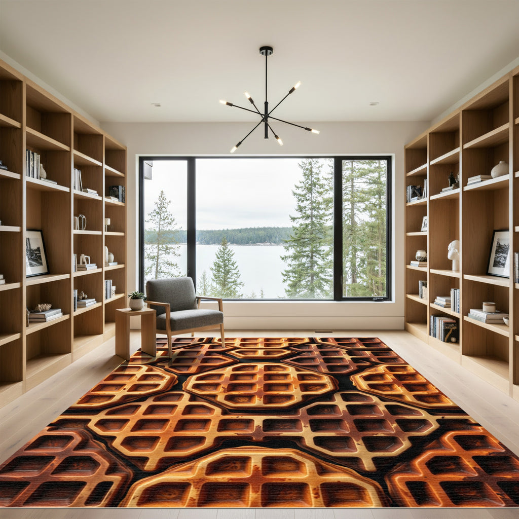 Golden Brown Geometric Waffle Grid Rug