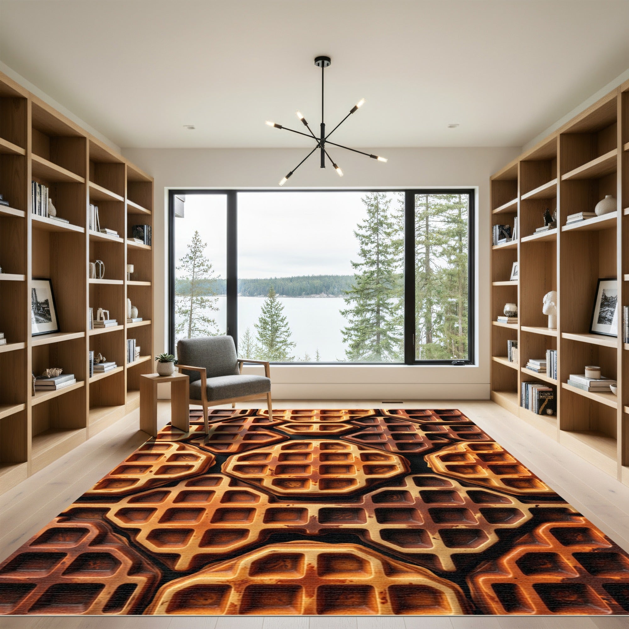 Golden Brown Geometric Waffle Grid Rug