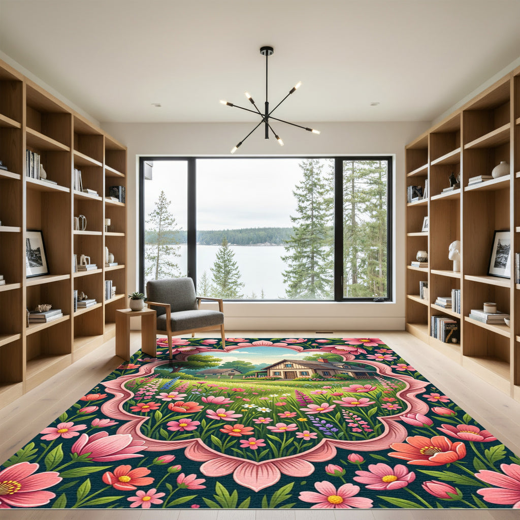 Whimsical Pink Floral Cottage Landscape Rug