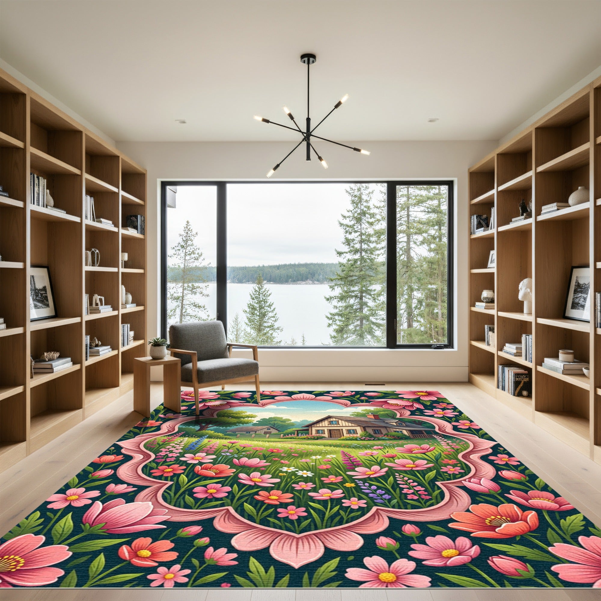 Whimsical Pink Floral Cottage Landscape Rug