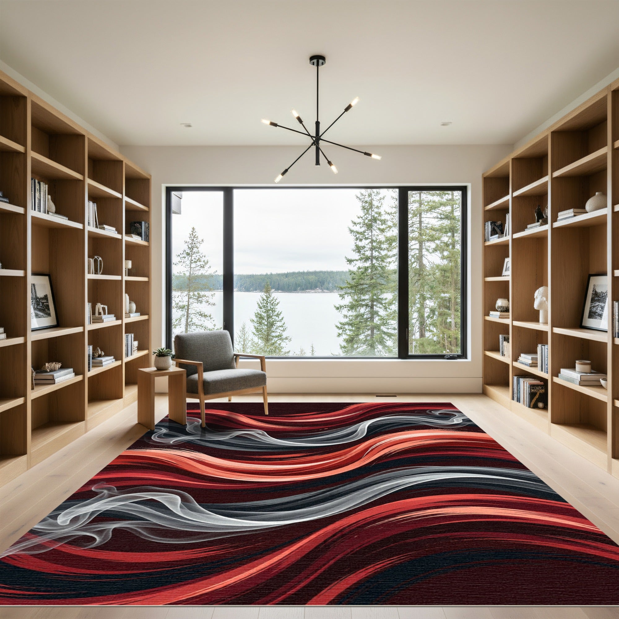 Crimson Smoke Swirl Abstract Rug