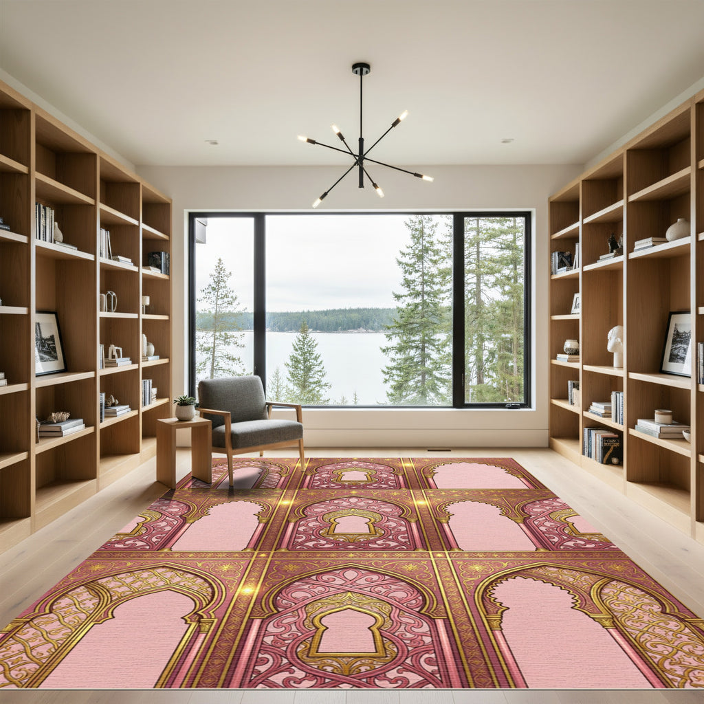 Elegant Pink Archway Ornate Gold Filigree Rug