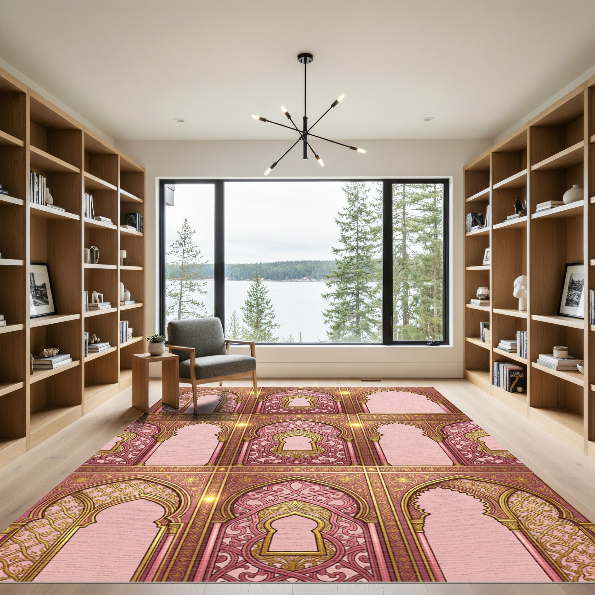 Elegant Pink Archway Ornate Gold Filigree Rug