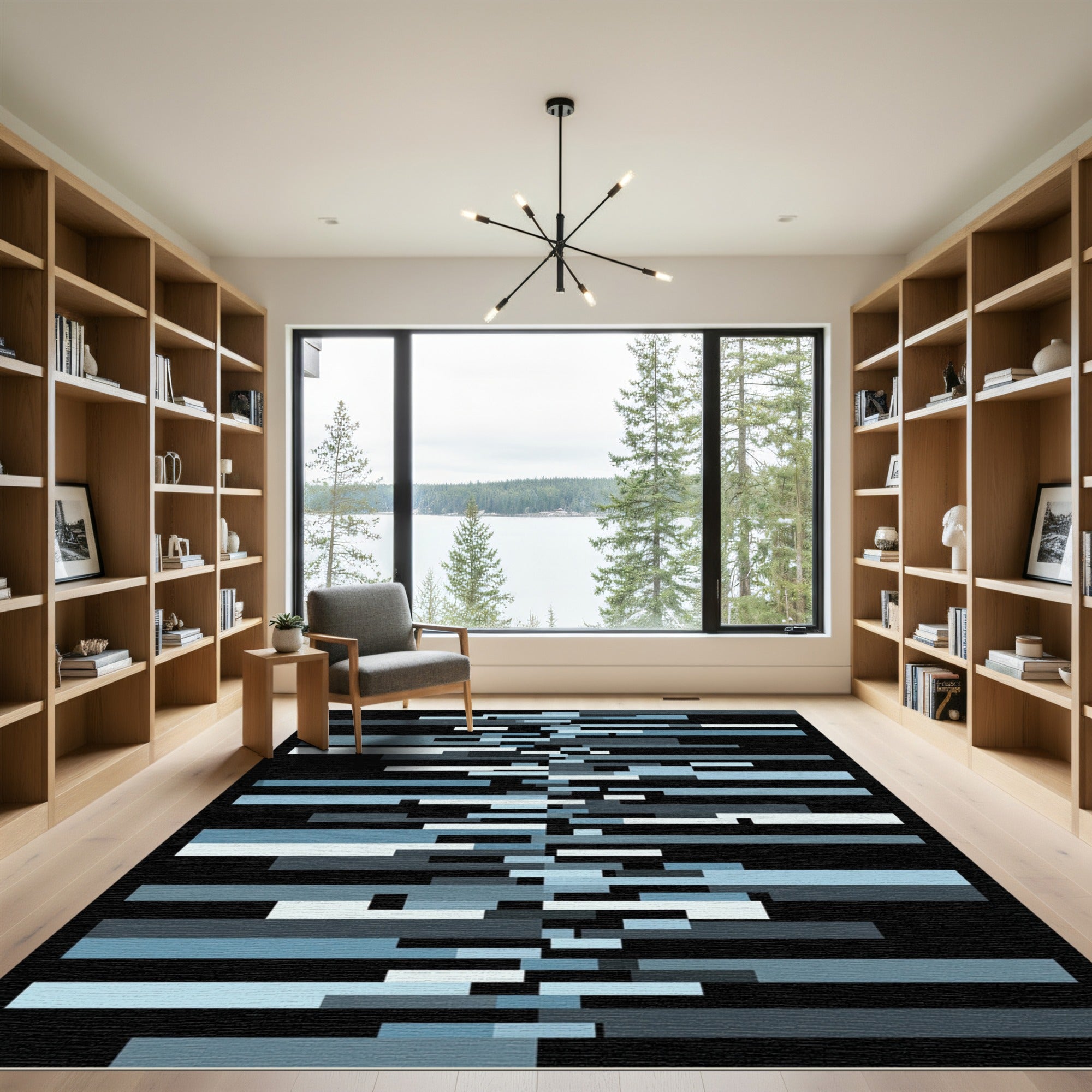 Modern Slate Blues Horizontal Bars Rug