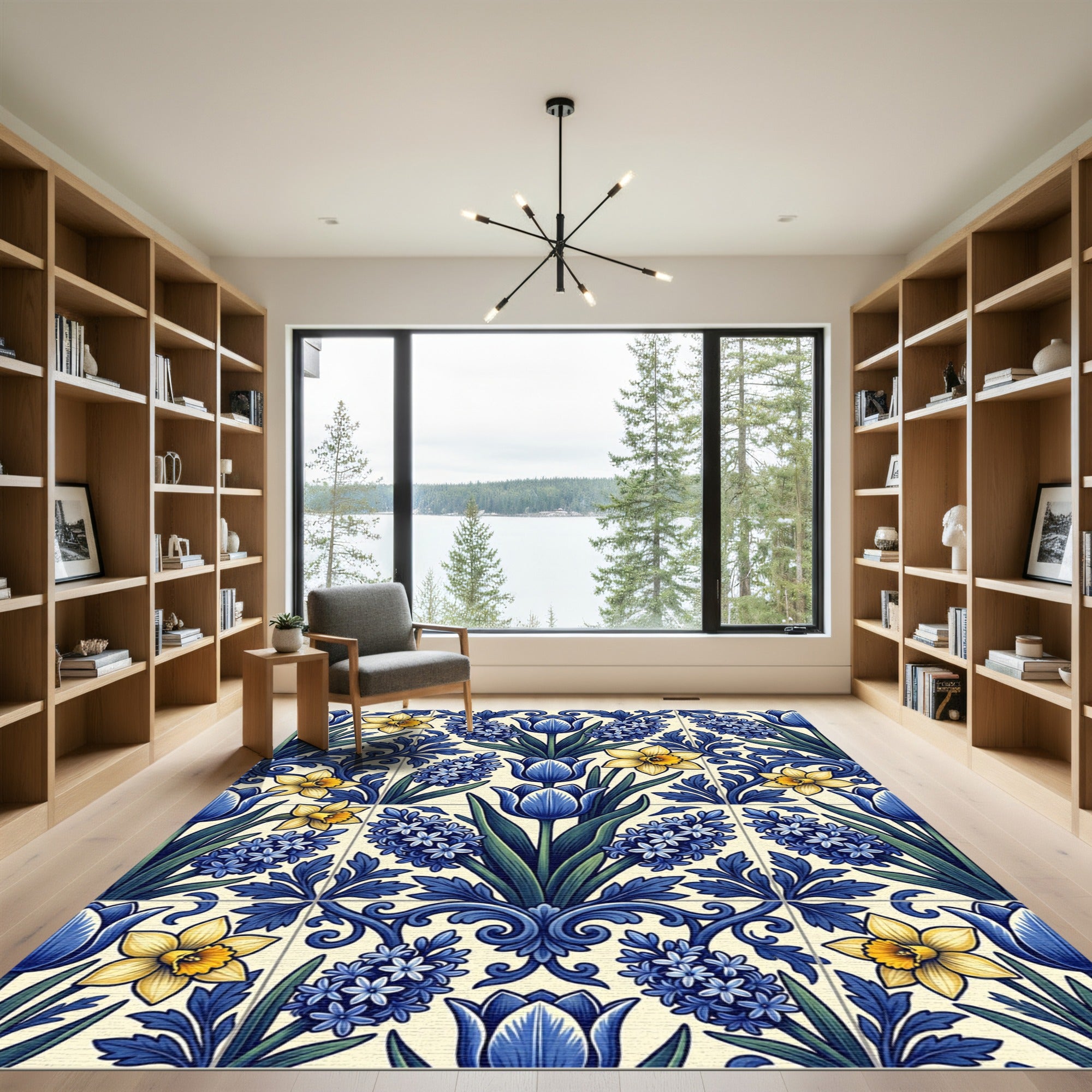 Blue and Yellow Floral Delft Tile Rug