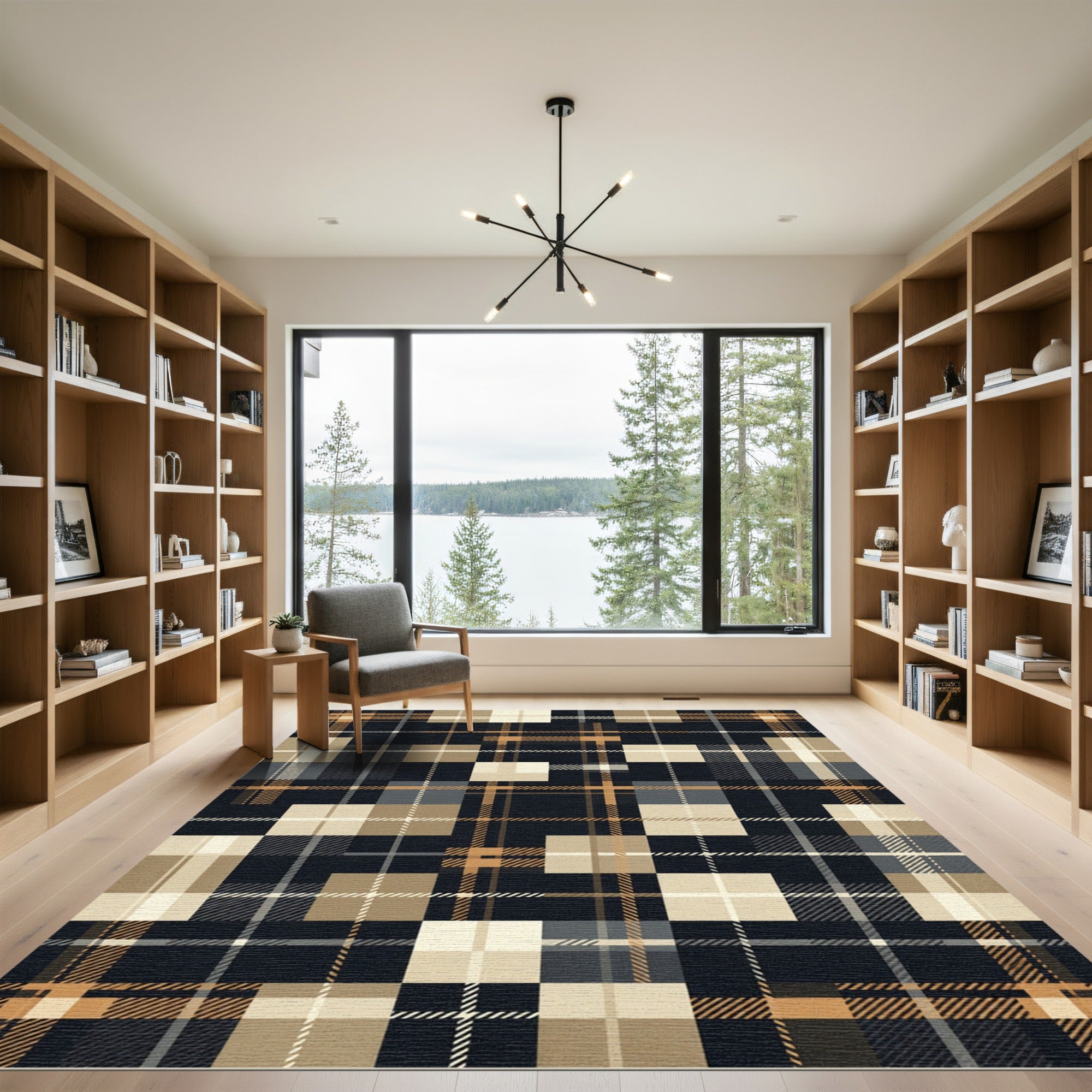 Modern Navy Ochre Grid Plaid Rug