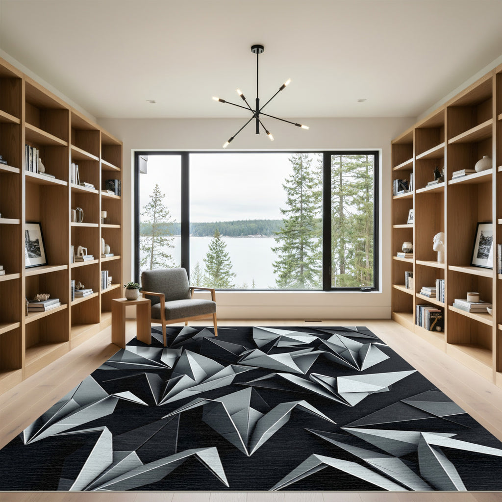 Monochromatic Origami Cranes Geometric Composition Rug