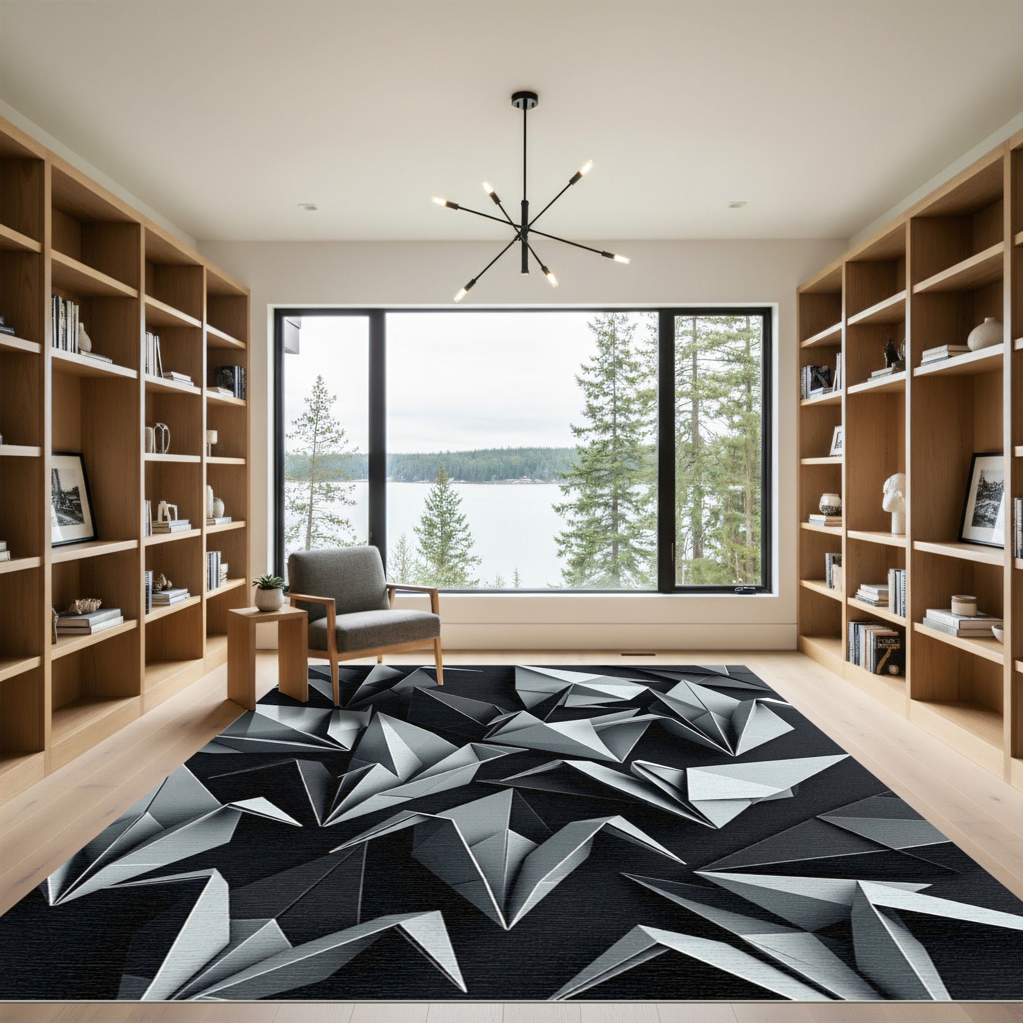 Monochromatic Origami Cranes Geometric Composition Rug