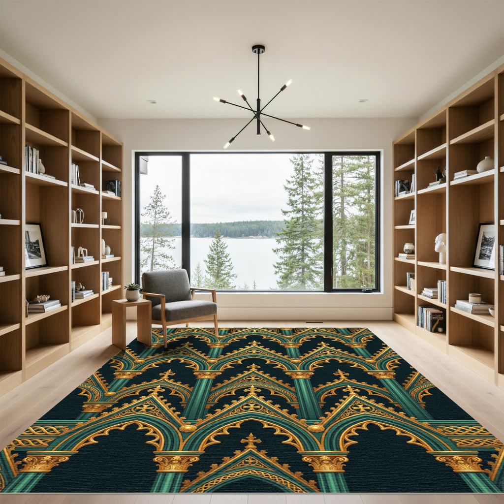Emerald and Gold Gothic Ornate Arch Rug