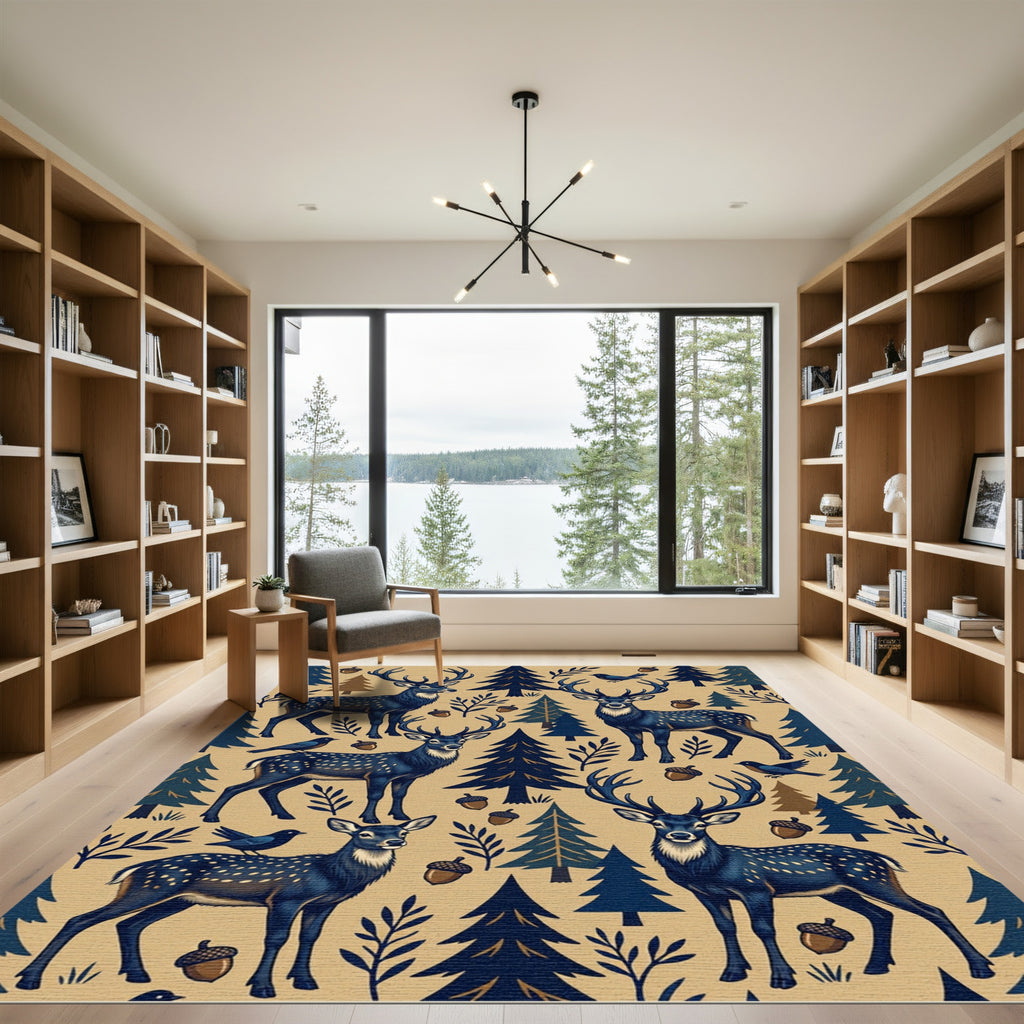 Midnight Forest Deer Acorn Folk Art Rug