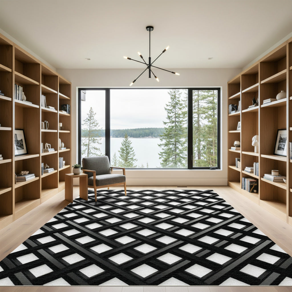 Modern Black Interlocking Geometric Lattice Rug