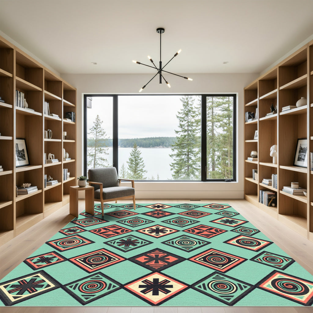 Teal Coral Tribal Diamond Repeating Rug