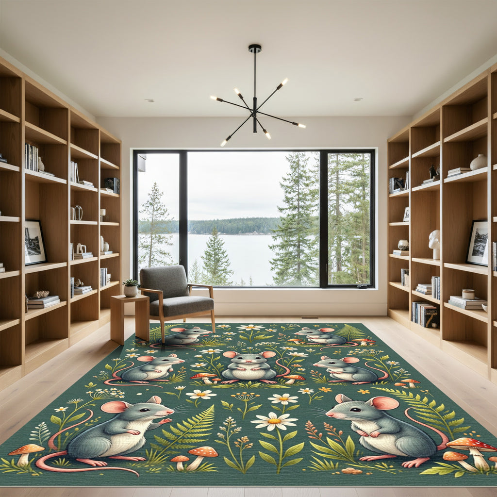 Whimsical Forest Mouse Daisy Garden Rug