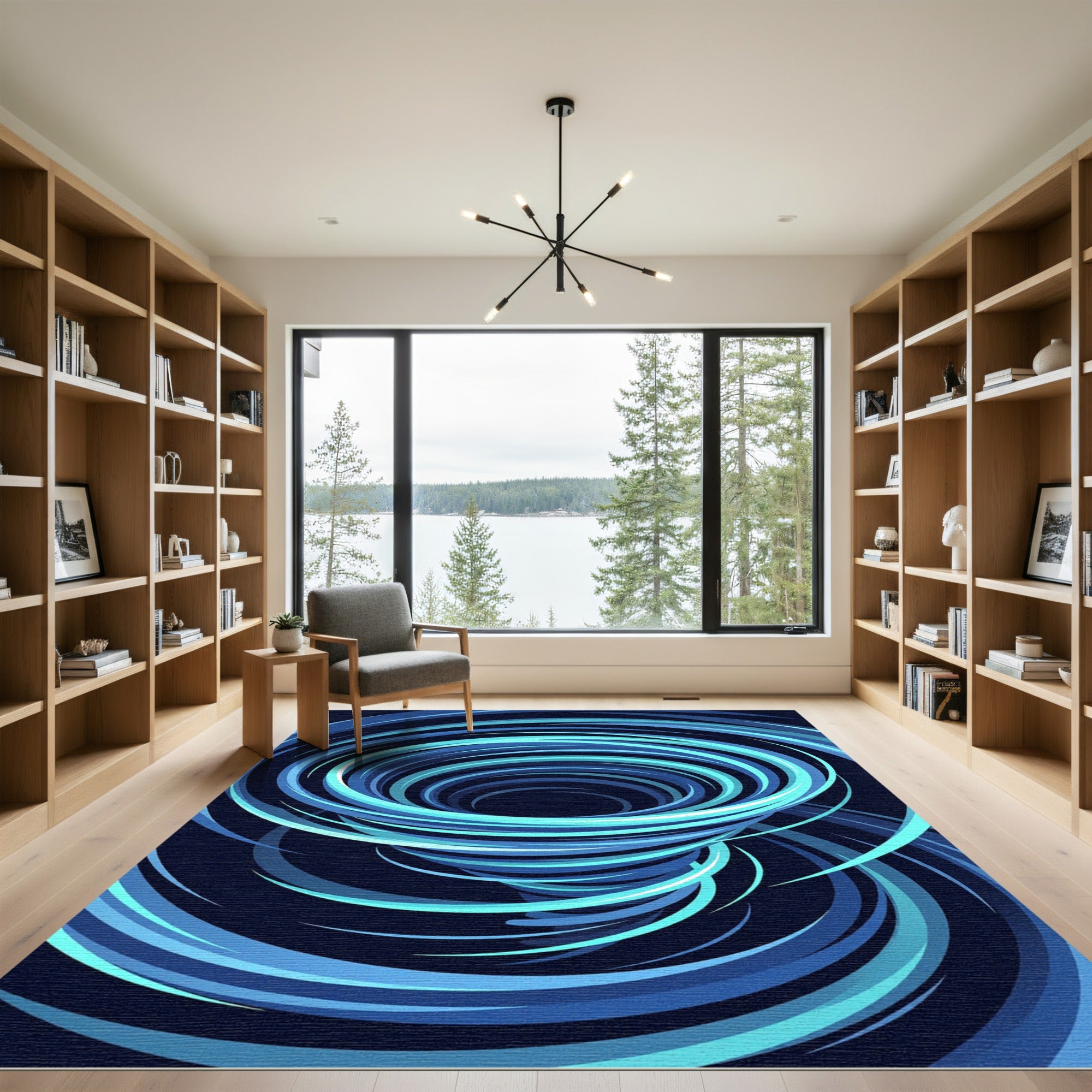 Vibrant Blue Abstract Swirling Vortex Rug